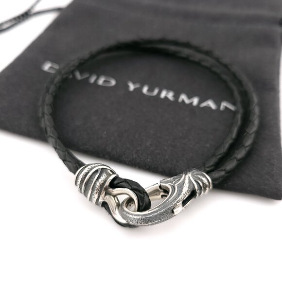 David Yurman Sterling Silver Armory Black Two Row Leather 8.5' Inch Bracelet - Picture 1 of 11